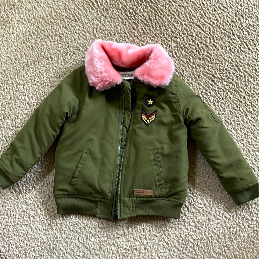 Buffalo David Bitton Girls Aviator Jacket Green with Pink Faux Fur Collar Sz 4T